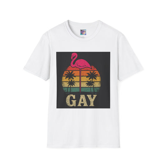 Retro Gay Flamingo T-Shirt, Unisex Pride Tee, LGBTQ+ Fashion, Summer Vibes Shirt, Perfect for Beach Parties and Pride Events